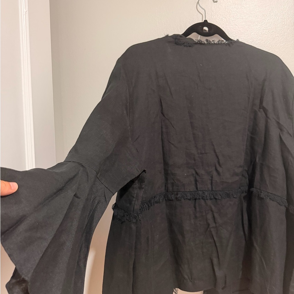 Chico's Linen Black Fringe Trim Bell-Sleeve Jacket - Picture 14 of 16